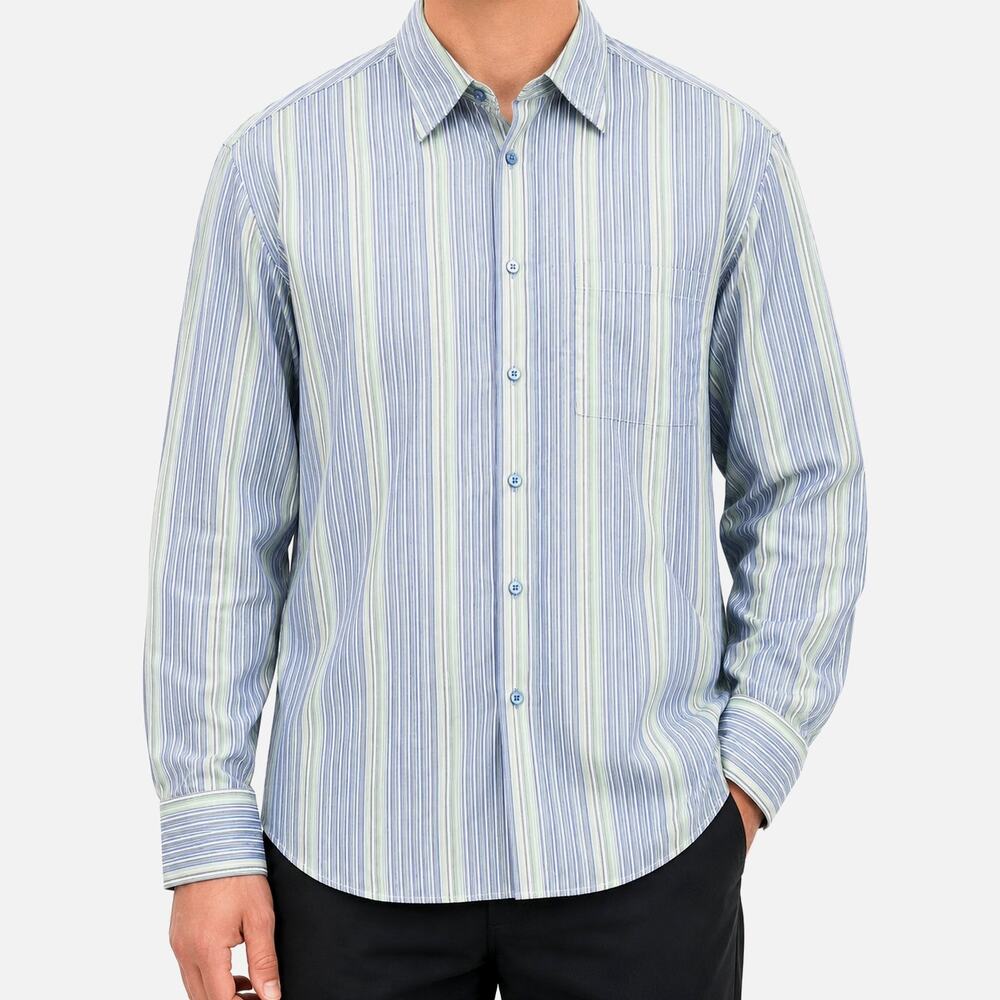 Ike Behar Shirt Mens Large Blue Green Striped Long Sleeve Classic Button-Up